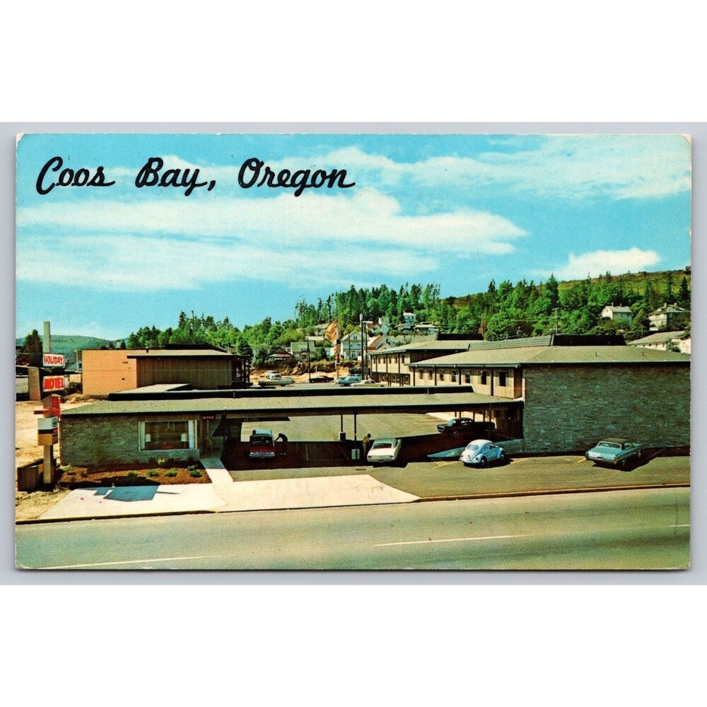 Vintage Postcard Coos Bay Oregon Holiday Motel Roadside Cars Dexter Press Chrome